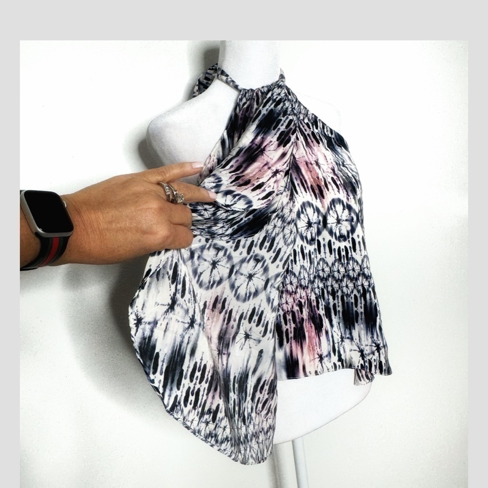 Amanda Uprichard Silk Top Halter Style Tie Neck Flyaway Styling Watercolor Print - Picture 6 of 12